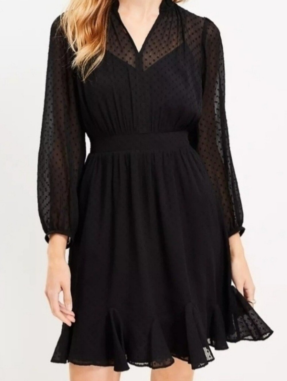 LOFT Black Long Sleeve Swiss Dot Fit & Flare Ruffle Dress, Sz 10P